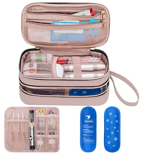 Yarwo Porta Insulina per Termica Borsa per Diabete con 2 Ghiaccioli, Rosa | Doppio Strato con Tasche Organizzate, Isolamento in Alluminio, Custodia Pieghevole, Design Portatile
