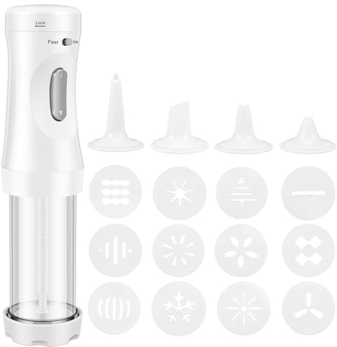 Electric Cookie Press DIY Cookies Maker Set with 12 Cookie Discs and 4 Icing Nozzles Electric Cookie Press Decorating Kit Detachable Cookie Maker Machine Electric Cookie Decorating Tool for Biscuits -