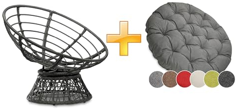 sunnypillow Papasansessel | Rattansessel mit Kissen rund Durchmesser 120 cm | gemütlicher Loungesessel drehbar für Wohnzimmer | Balkon Sessel Korbsessel Rattan Lesesessel | Outdoor/Indoor | Grau