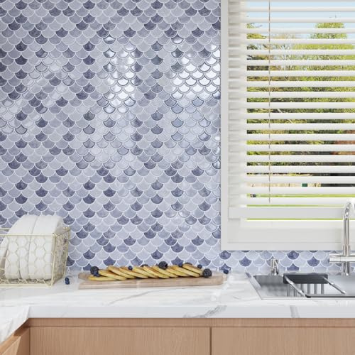 CRE8TIVE 16 PCS Self Adhesive Wall Tiles Light Grey Fan Shape Stick on Tiles Kitchen Bathroom Tile Stickers Waterproof Splashback for Kitchen Peel and Stick Wall Tile Laundry Room 30.5cm x 30.5cm