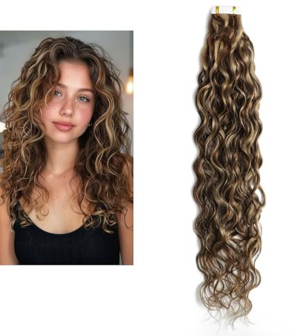Larafona Hair Tape Extensions Echthaar Lockig, Blond Haarverlängerungen Highlights Braun, Wellig Remy Haar mit Band P4/27# 20pcs, 50g 16inch/40cm