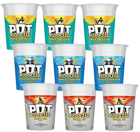 Pot Noodles Asian Selection Pack 12 Varieties of 3 Flavour. Sweet & Sour, Sticky Rib, Chinese Chow Mein