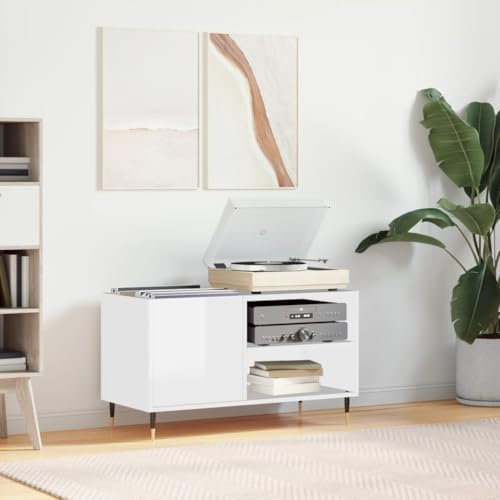 IKAYAA Mueble Tocadiscos 85x38x48 cm, Mueble de Discos de Madera, Tocadiscos de Vinilo Stand, Estanteria CD, Mueble para Vinilos, 5E5DS Blanco Brillante