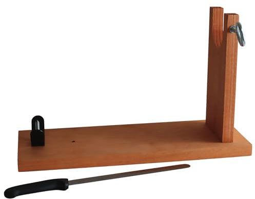 Fackelmann Set Soporte Jamonero y Cuchillo 22/33cm, Rosca Insertada para Mayor Durabilidad, Doble Agujero para Ajuste de Jamones Grandes y Pequeños, Fabricado en España, Madera de Pino, 42x16x26 cm