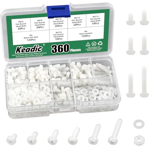 Keadic 360Pcs M4 White Nylon Plastic Pan Round Head Screws, Bolts and Nuts Kit with Washers for Fastening