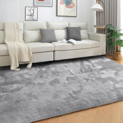 SOANNY Alfombra de Pelo Largo para Salón, Lavable Antideslizante y Suave, Diseño Tie-Dye Shaggy para Dormitorio y Habitación Infantil, Tapete para Cama, 120x180 cm, Gris Claro