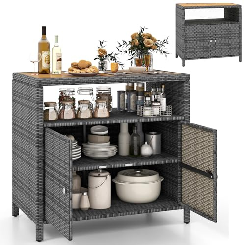 GYMAX Armario de Jardín de Ratán, Aparador con Encimera de Madera de Acacia, 2 Puertas y Estante Abierto, Mueble Exterior Almacenaje para Herramientas de Jardín, 90 x 53 x 86 cm (Gris)