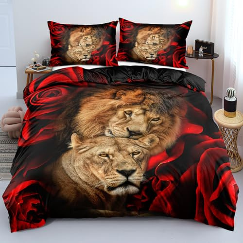 Luowei Löwe Bettwäsche 220x240cm Kinder Jungen Tieremotiv Schwarz Rot Gold Mikrofaser Bettbezug Set Weich 3D Effekt Bettwäsche 3teilig mit Reißverschluss und 80x80 cm Kissenbezug