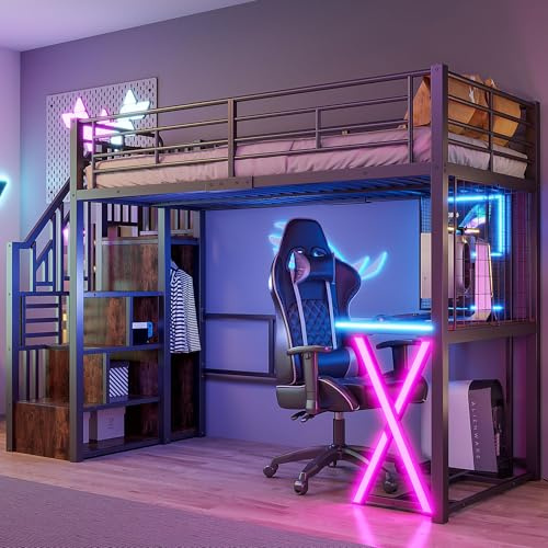 Dolamaní Hochbett 90x200 cm Erwachsene & Jugendliche mit Stauraum Treppe, Schreibtisch und Schrank, Regale, Mettalbett Bettrahmen (Schwarz)