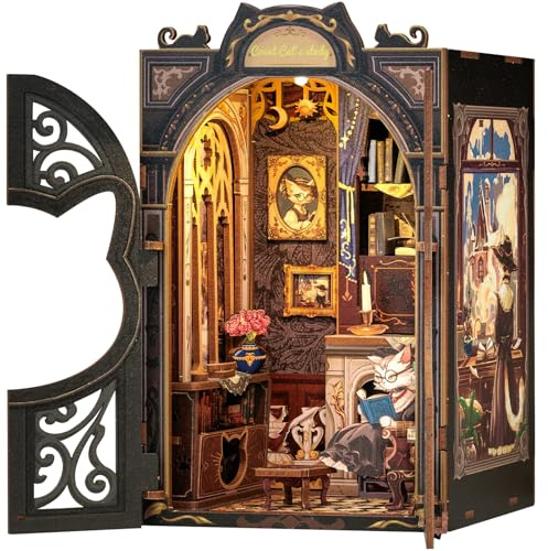 CUTEBEE Book Nook Kit: Casetta Fai da Te, Puzzle 3D Fermalibri Inserto Libreria, Modello Mobili/Luce LED (Count Cat's Study)