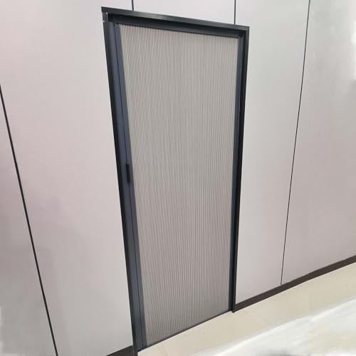 Ausziehbares Akkordeon-Türgitter, grauer Aluminiumrahmen mit Vliesvorhang, Raumteiler und Falttür für Schlafzimmer, Schrank und Tür, 127 x 203,2 cm