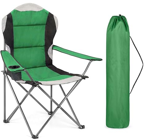 ADEPTNA High Back Folding Camping Chair Luxury Padded Seat Heavy Duty Tubular Steel Frame, Cup Holder Armrest Carry Bag Portable Outdoor Chair Camping Fishing Garden Festival Ideal Summer (GREEN)