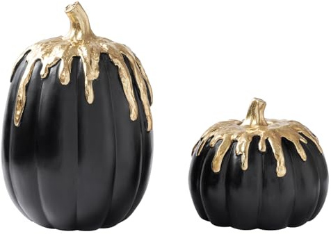 DN DECONATION Herbst Kürbis Dekorationen Halloween, Schwarz Kürbisse Deko mit Goldenen Tropfen Design für Thanksgiving, Kürbis Deko für Hause Tischdekoration Dekorative Kunstharz-Kürbisse Innen
