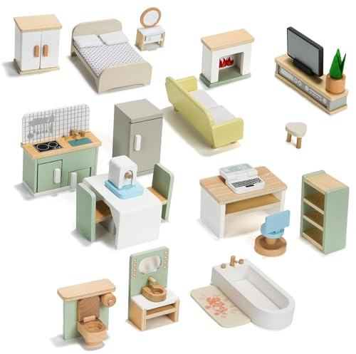 Wooden Dollhouse Furniture Set, Pretend Play Miniature Doll House Accessory | 23 Pieces Dollhouse Furniture with Bathroom, Bedroom, Kitchen, Living Room & Home Office, Role Play Toys & Gift for Kids 3+