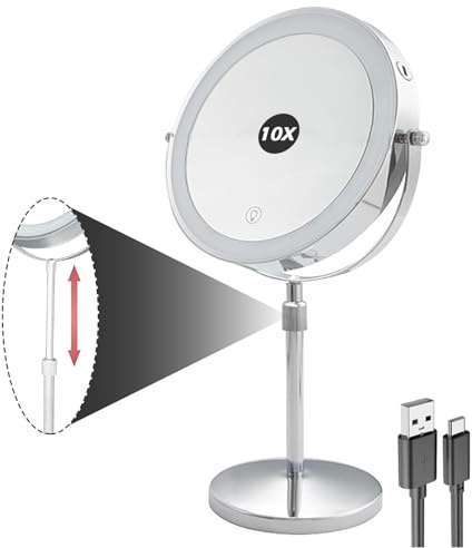 XLSBZ Schminkspiegel mit Beleuchtung,10fach Vergrößerungsspiegel mit LED Licht,USB Wiederaufladbar Kosmetikspiegel,360° Drehbar,3 Farben,10X Vergrößerung Schminktisch Spiegel (Silber)