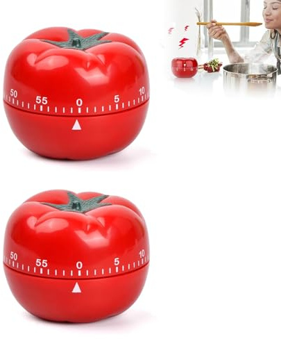 Hinapan 2 stycken tomatkökstimer, pomodoro timer, mekanisk kökstimer, 60 minuters äggklocka med högt larm, kortvarig väckarklocka, kök, för matlagning, bakning, inlärning och sport (tomat)