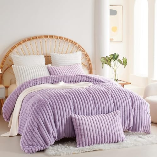 Covebett Plüsch Bettwäsche 200x220 Lila Violett Uni Winter Warm Shaggy Cashmere Touch Flauschig Plüschbettwäsche Set Gestreift Felloptik Wende Bettbezug Reißverschluss und 2 Kissenbezug 80x80 cm