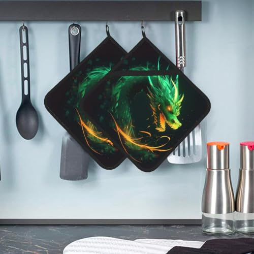 2 Pcs Pot Holders for Kitchen, Heat Resistant Cotton Potholers Chinese Dragon Oven Hot Pads for Microwave Cooking Baking BBQ