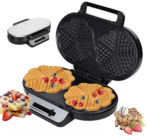 Double Heart-shaped Waffle Maker, 1200W Electric Compact Waffle Maker, Equipped with Non-stick Coated Baking Tray, Temperature Control Knob and Heat-resistant Handle, for Quick Preparation