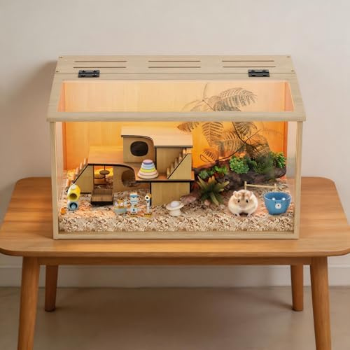 BingoPaw Wooden Hamster Cage, 60 x 40 x 40 cm Hamster Enclosure | with Tempered Glass, Built-in LED Light, Top Opening & Chew-Resistant Frame, Habitat for Syrian & Dwarf Hamsters, Gerbils