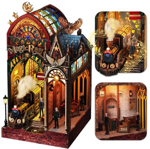 Lynnuo Magic Train Station Book Nook Kit, 3D Wooden Puzzles for Adults with LED Light and Sound, DIY Miniature Bookshelf Decor Experienced Players