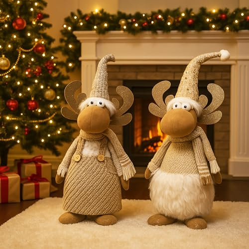 KAMACA Skandinavisches Elch Duo aus Stoff in Beige-Weiß stehende Dekofigur Höhe 41 cm je Rentier charmante Winterdeko Geschenk Weihnachten Winter Weihnachtsdeko (2er Set Rentier Paar beige 41 cm)
