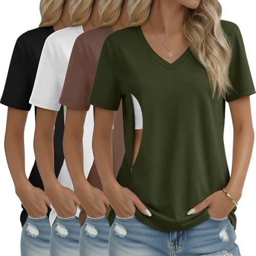 Velvelhall 4 Pack Women's Nursing Shirts for Breastfeeding with Hidden Zipper V Neck Short Sleeve Loose Fit Maternity Tops(Black, White, Coffee, Army Green,Medium)