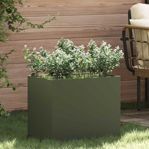 Fioriera rialzata, aiuola per verdure, aiuola, fioriera da giardino, verde oliva, 50 x 32 x 40 cm, in acciaio laminato a freddo, per balcone, terrazza, giardino, giardino