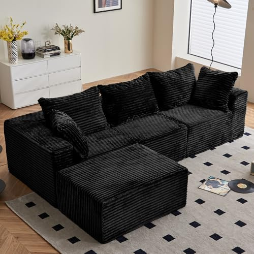Vamcheer Modulares Ecksofa mit Schlaffunktion, L-Form Sofa in Schwarz | 4 Module, weicher Kaninchenplüsch, High-Resilience-Schaumstoff, mit Hocker und Rückenkissen