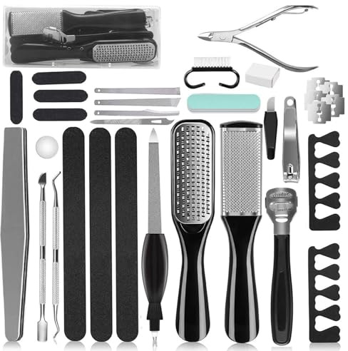 Kit per pedicure 27 in 1, strumenti per pedicure in acciaio inossidabile con rimozione calli, lime per piedi e strumenti per unghie, kit per la cura dei piedi antiscivolo per la cura della casa e d