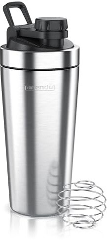 Arendo - Eiweiß Shaker Edelstahl 750ml, Protein Shaker mit Mixkugel, BPA frei, Mixbecher, Metall Premium Eiweißshaker, Tragegriff, Spülmaschinengeeignet, To Go für Yoga Fitness Sport, Silber