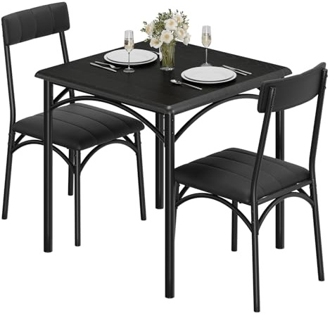 AffinityFurn 3 Piece Modern Dining Table Set, Kitchen Table and Chairs Set for 2, Square Metal and Wood Table, Space Saving Table Set with Upholstered Chairs, Compact Apartment Furniture(Black)