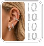 Sweetkiki 4 Paar Creolen Ohrringe Set für Damen Gold/925 Silber 8/10/12MM | Hypoallergen Wasserfest 14K Gold Cubic Zirkonia Creolen Ohrring Stack Piercing Lappen Daith Knorpel Helix Nase Chirurgenstahl