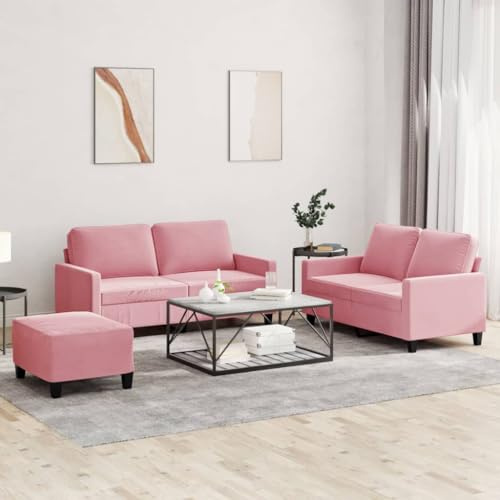 Augerqir 3 teilige Sofagarnitur mit Kissen in Rosa, Samt Polstergarnitur mit Ottomane, Wohnzimmer, Gästezimmer, Jugendzimmer, platzsparend, 2 Sitzer, entspannung