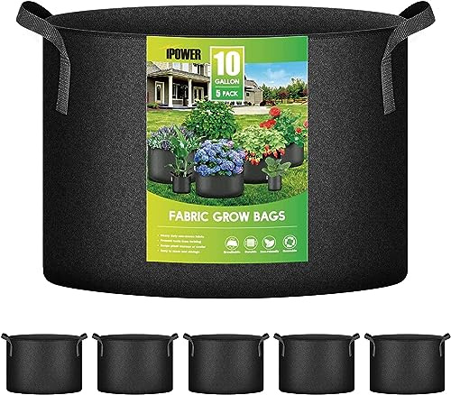 iPower 10 Gallon 5-Pack Grow Bags Fabric Aeration Pots Container with Strap Handles for Nursery and Plants (Black)