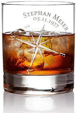 AMAVEL Verre Tumbler Droit à Whisky avec Gravure Personnalisée Nom et Date Rose des Vents Volume 320 ML