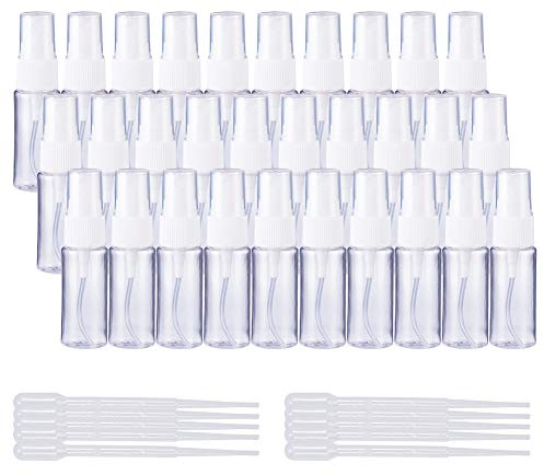 BENECREAT 30 Pack 20ml Empty Plastic Mist Mini Spray Bottles, Atomizer Pumps & 10 Pack 2ml Plastic Pipette Droppers for Perfume, Lotion