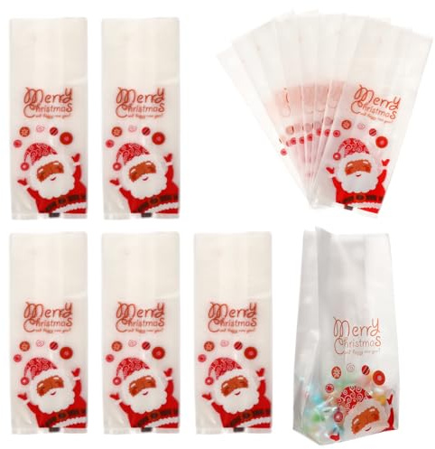 BESTOYARD Cellophan Taschen Klare Selbstklebend Weihnachtsmann Muster Kekstüten Süßigkeiten Verpakung 50 Stück