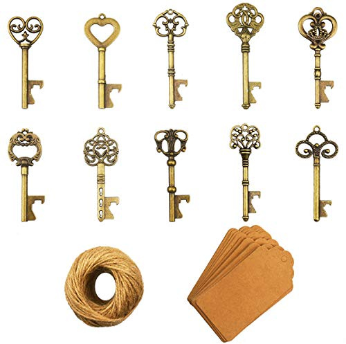 Schlüssel Flaschenöffner - 50 Stück Schlüssel Flaschenöffner mit Kraftpapier Geschenkanhänger und Schnur für Hochzeit Gefälligkeiten antike rustikale Party Dekoration, Bronze-