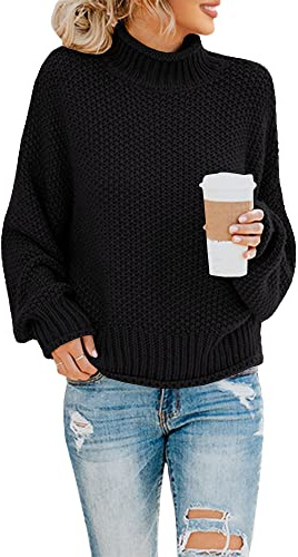 Saodimallsu Womens Turtleneck Oversized Sweaters Batwing Long Sleeve Pullover Loose Chunky Knit Jumper (Medium, Black)