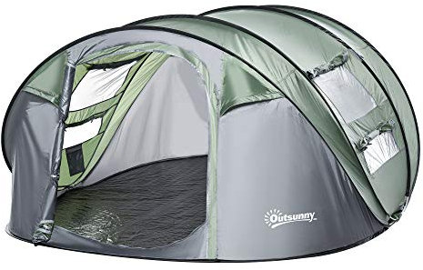 Outsunny 4 Person Pop-up Camping Tent Family Tent with Ground Sheet, 4 Windows and Portable Carry Bag for Beach Outdoor Trip, Dark Green