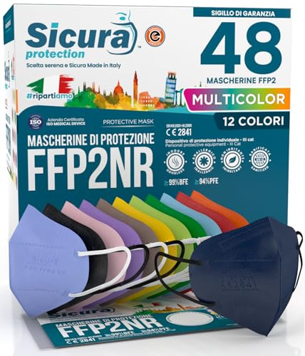 48 Mascherine FFP2 certificate CE colorate Made in Italy BFE ≥99% | Mix 12 Colori Blu, Arancioni, Rosse, Nere, Azzurre, Verdi, Verdi Mela, Gialle, Tortora, Viola, Rosa, Lavanda