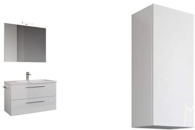 Mama Store Collezione Era, Set da bagno, Mobile da bagno sospeso con lavabo da 80cm, con Pensile singolo reversibile, Laccato Bianco Lucido