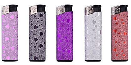Maelsa® Lot de 5 briquets pailletés Motifs cœur Shiny Heart Strass allumage Flamme - Dimensions : 8 cm - Coloris pailleté Brillant - Vendu par Lot de 5