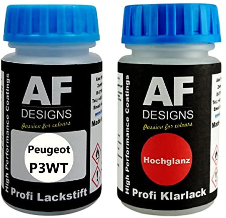 Stylo de retouche compatible avec Peugeot P3WT Blanc Meije + Set de peinture automobile comprenant vernis transparent et peinture de base, 50ml chacun