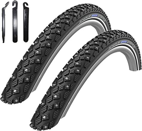 Angebot-Set / 2 x Schwalbe Marathon Winter Plus Fahrradreifen Drahtreifen mit Reflex in Schwarz 35-622 (28 x 1.35) inkl. 3 Reifenheber