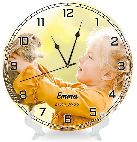 Horloge Personnalisée avec Photo et Base - Cadre Photo Personnalisé avec Texte et Date, Cadeau Personnalisé Homme et Femme, Cadeau Original Saint-Valentin, Fête des Mères, Fête des Pères, Noël