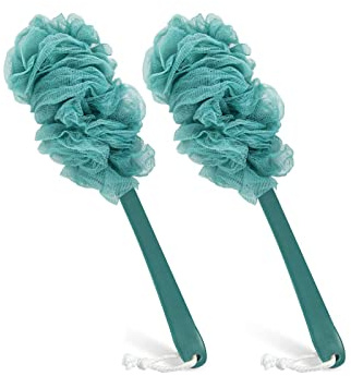 Qewro Lot de 2 brosses à dos pour douche, luffa sur un bâton comme brosse de douche exfoliante pour le corps avec long manche, éponge luffa pour homme, accessoires de bain pour femme