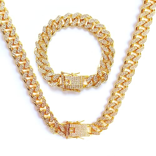 GoPaw 12 MM Cuban Link Chain Iced Out for Men, 50/55/60cm Men's Miami Cuban Link Chain Gold Silver Links Choker Necklace Bracelet, Unisex Hip Hop Jewelry Gift for Father's Day