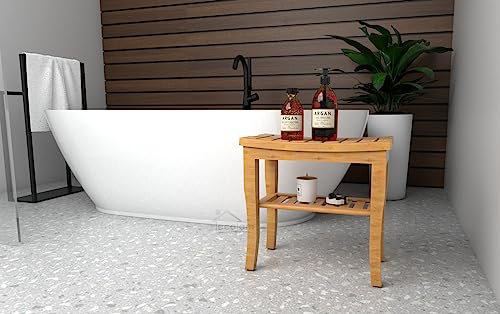 ECOLAM® exklusive freistehende Badewanne Standbadewanne moderne Wanne freistehend Adele 152 x 75 cm ideal für zwei Personen + Badbank Tisch Holz Lago + Ablaufgarnitur Design Acryl glamour weiß